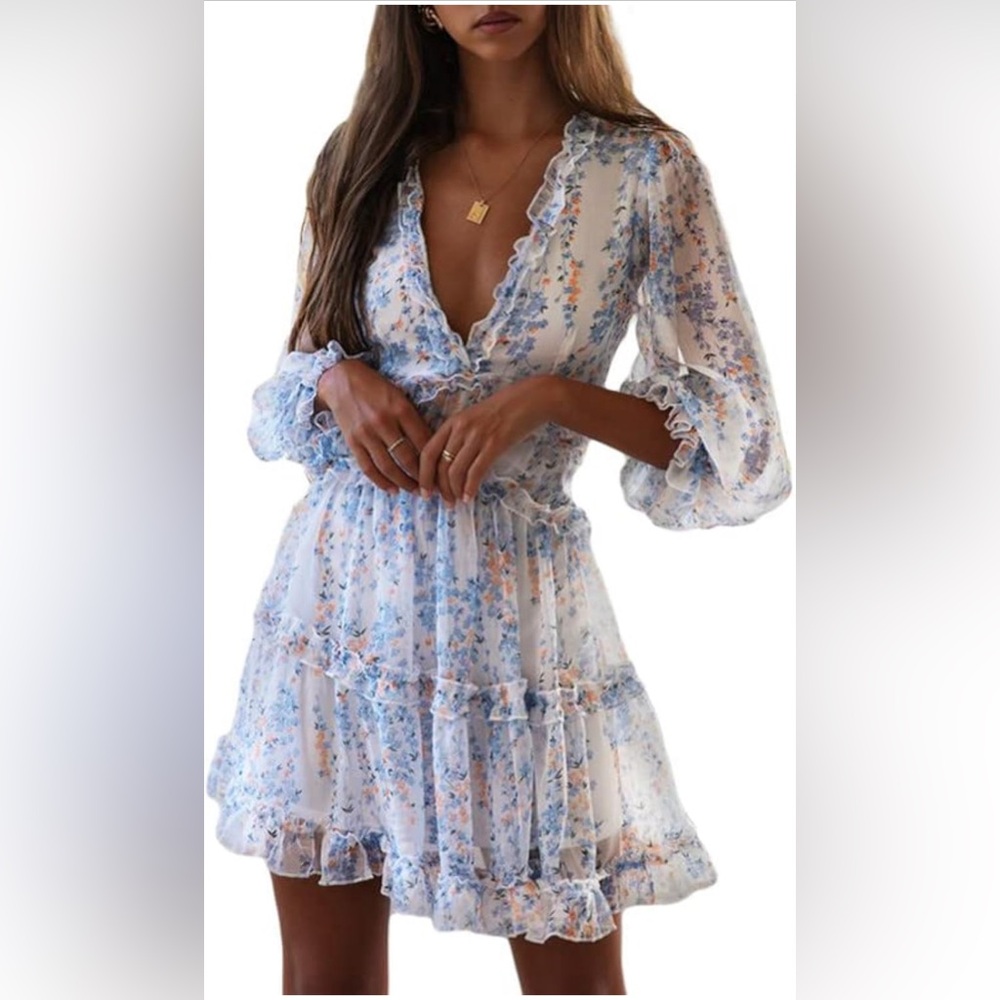 Dokotoo Womens 2024 Spring Summer Deep V Neck Ruffle Floral Flowy Mini Dress